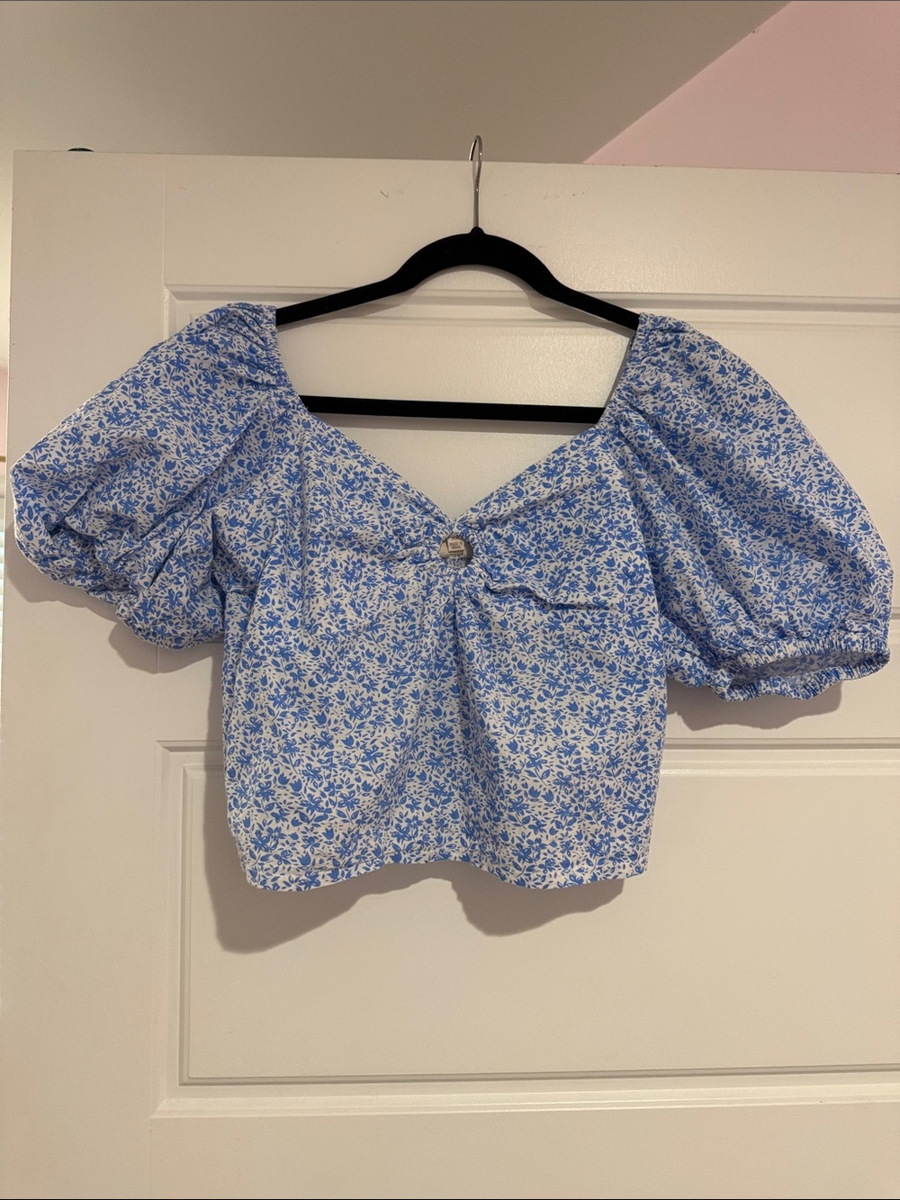 Blue Floral Puff-Sleeve Square Neck Crop Top